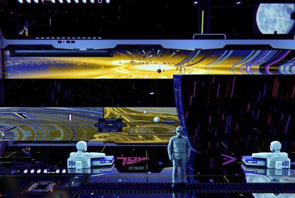 An immersive futuristic control room in space filled with holographic displays and celestial views.