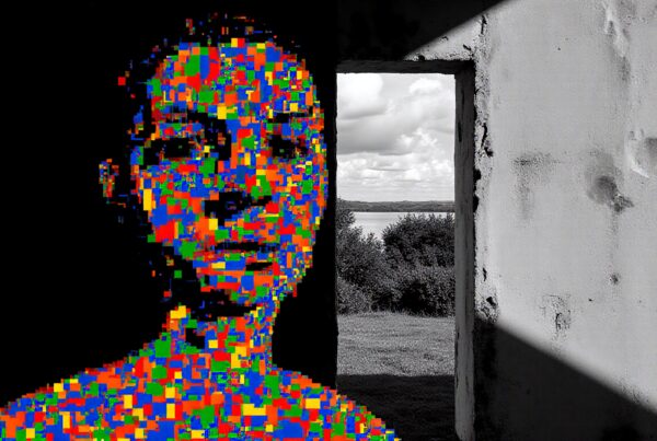 A pixelated face with colorful pixels contrasts against a black background beside a monochrome doorway leading to an outdoor scene.