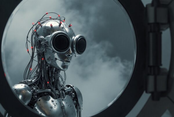 Futuristic robot with glowing red lights amidst misty backdrop.