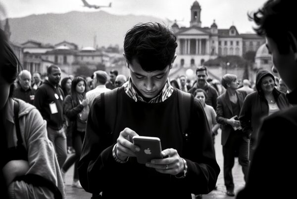 A young man engrossed in his phone amidst a bustling crowd in front of a historic city building, with a plane flying overhead.