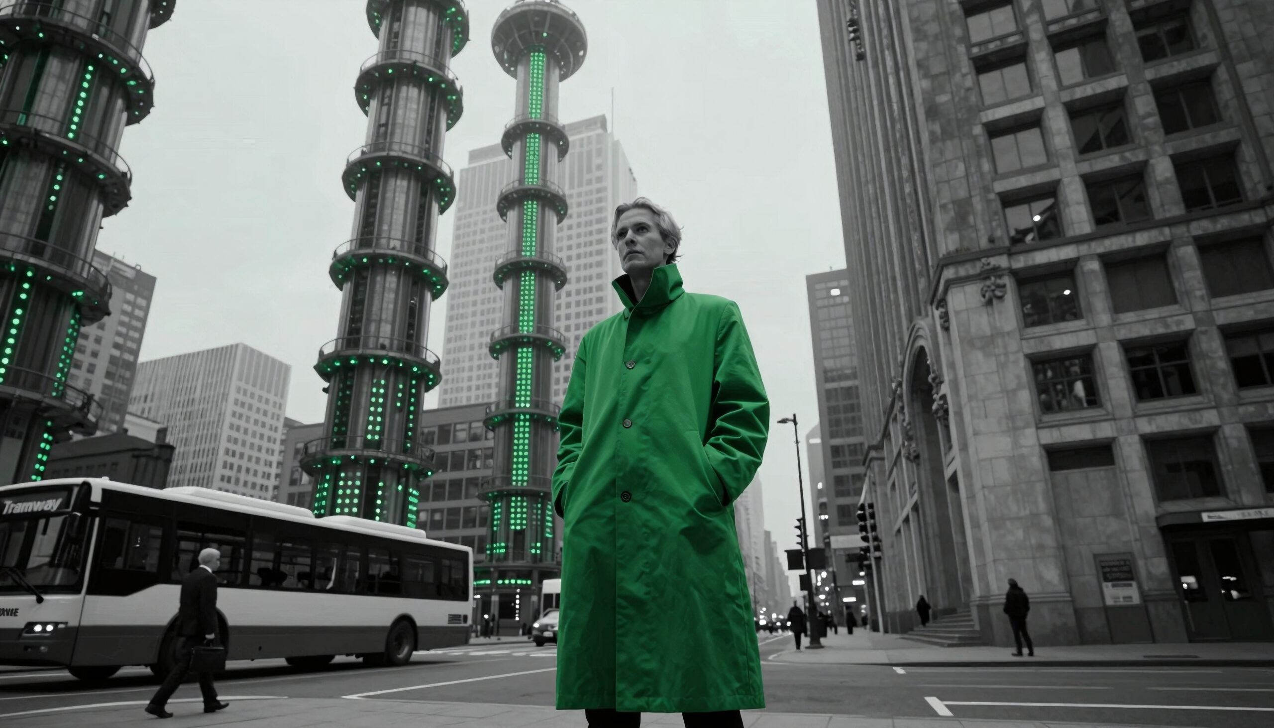 Green Trench Coat Man in Futuristic Cityscape