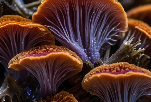 Vividly colorful mushrooms with orange and purple hues, showcasing intricate textures and natural beauty in a forest setting.