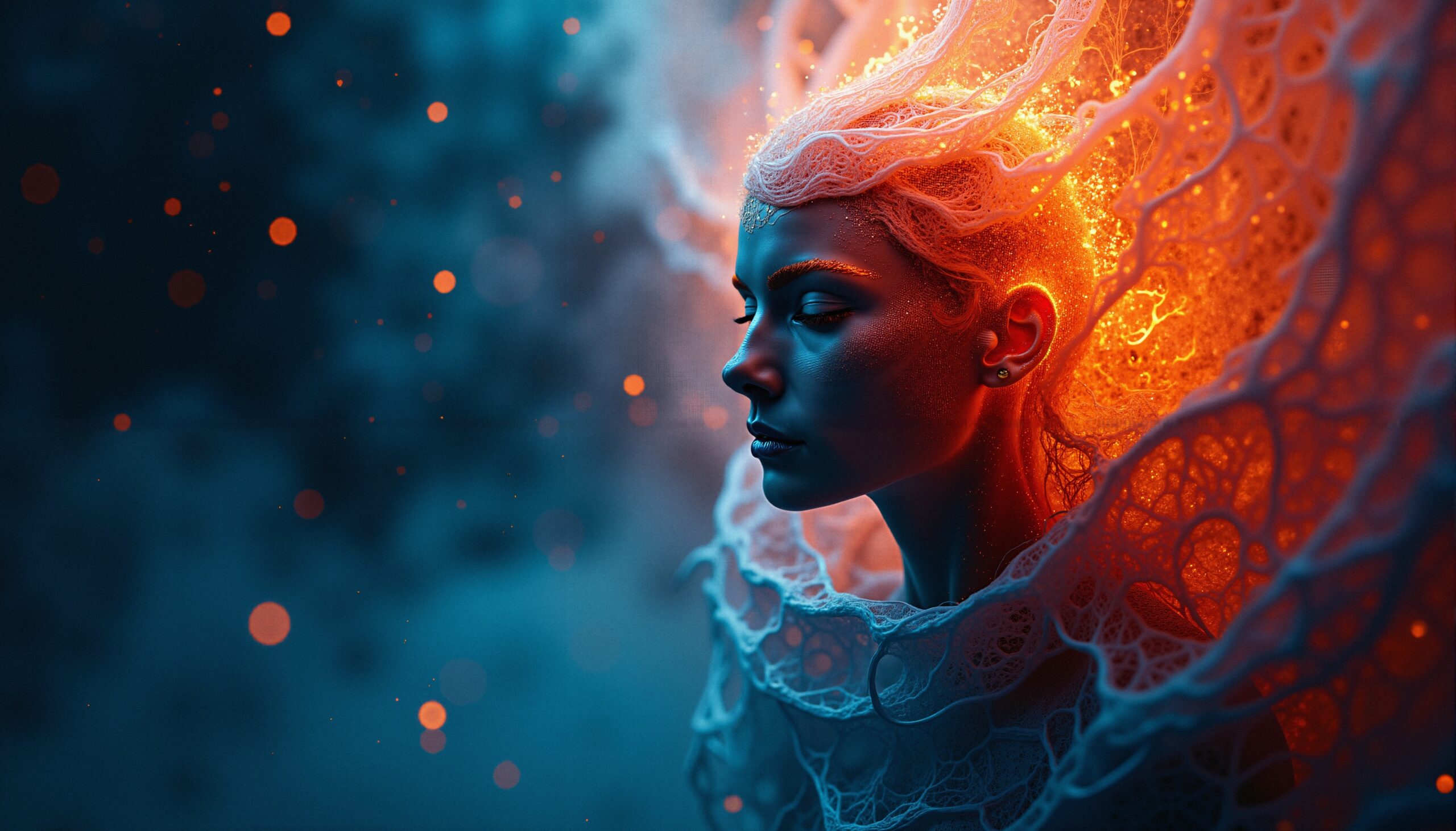 Ethereal Woman in Fiery Light