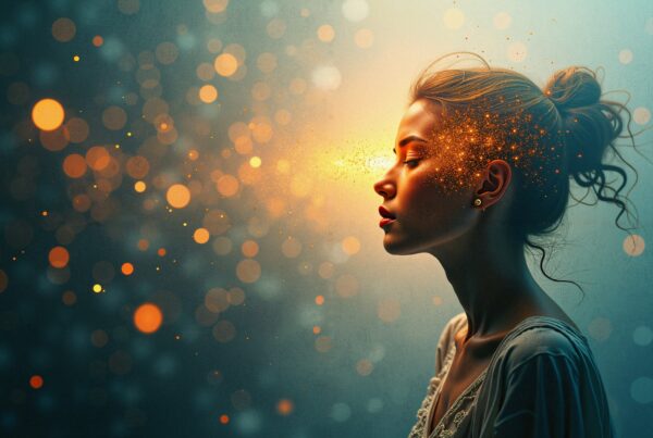 Woman in profile with eyes closed, surrounded by glowing particles, ethereal atmosphere, bokeh background.
