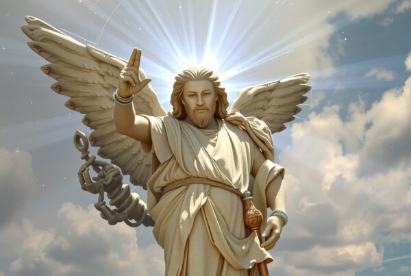 Majestic angel statue with radiant halo in cloudy sky.