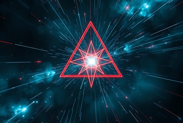 Glowing red triangle with starburst on cosmic background, featuring dynamic light streaks.