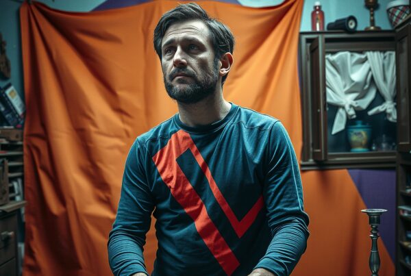 Artist contemplating artwork in dim-lit studio surrounded by tools and colorful backdrop