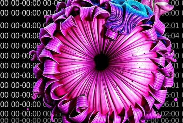 Pink and blue ribbon structure on black digital code backdrop.