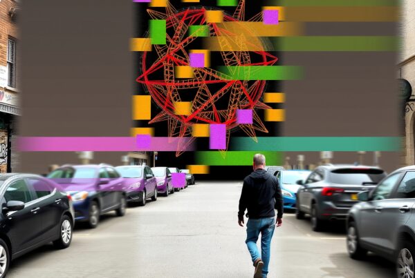 A person walks in an urban street lined with parked cars, overshadowed by vibrant digital art with geometric patterns.
