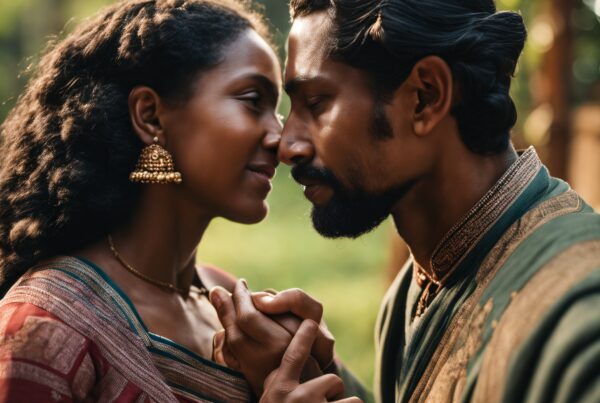 A couple in traditional attire shares a tender moment in a serene, nature-filled setting.