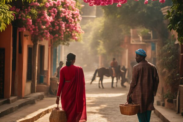 A woman in red sari and man with turban walking down a flower-lined street, carrying baskets.