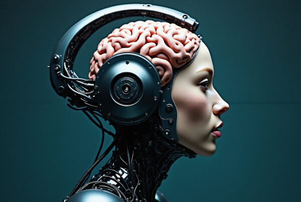 Futuristic humanoid robot with exposed brain.
