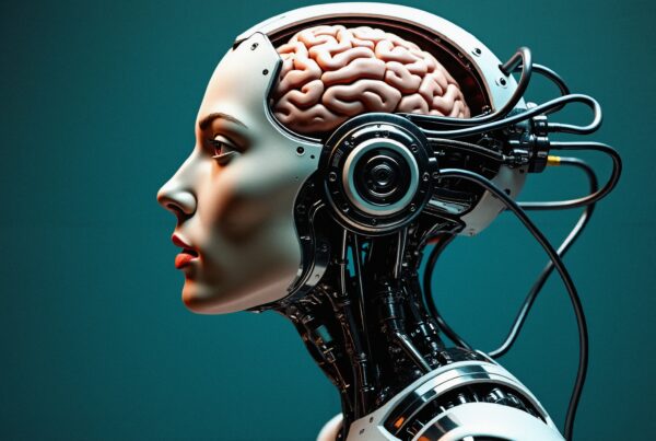 Futuristic humanoid robot with exposed brain and mechanical elements.