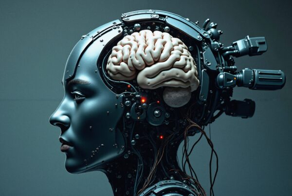 A detailed side profile of a humanoid robot with an exposed brain, symbolizing advanced artificial intelligence and cybernetic integration.