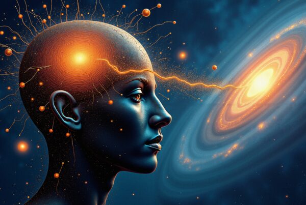 Digital artwork of a human head emitting energy towards a spiral galaxy, symbolizing cosmic consciousness and interconnectedness.