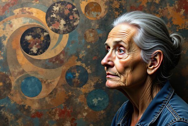 Elderly woman with abstract background design.