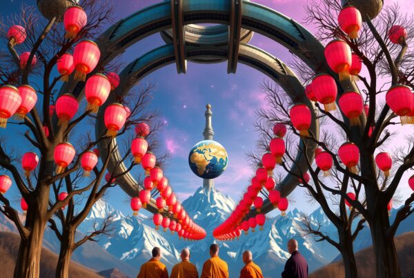 A stunning blend of futuristic and traditional elements in a mountain landscape with monks and glowing lanterns.