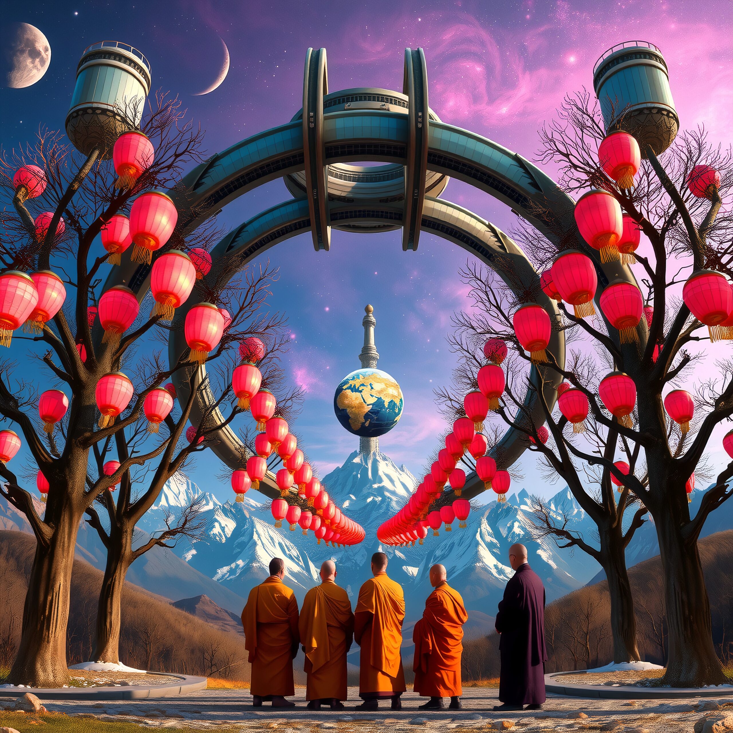 Futuristic Pagoda with Monks