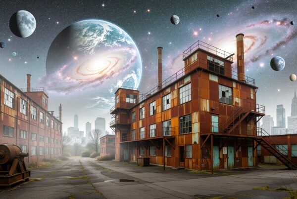 An imaginative depiction of an abandoned industrial site with a surreal star-filled sky, combining cityscape and cosmos.