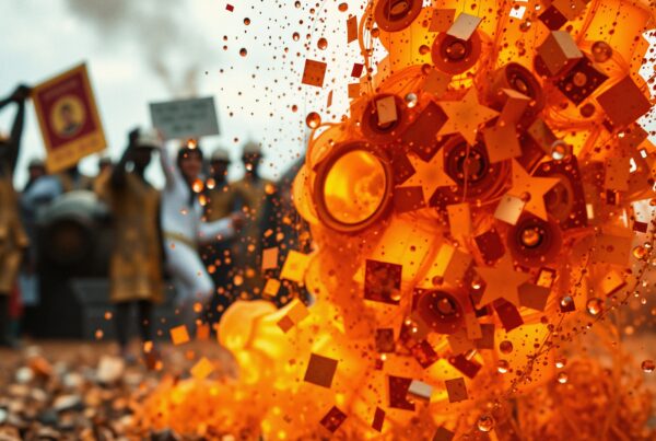 Explosive geometric shapes and crowd in protest scene.