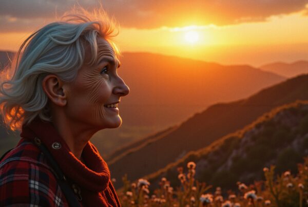 Elderly woman smiling at sunset in mountainous landscape.