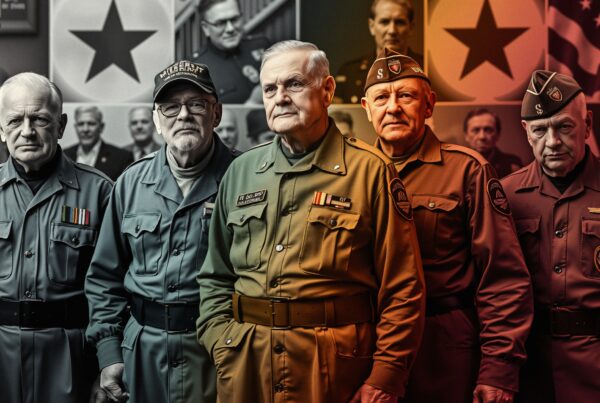 A group of five veterans in military uniforms stands solemnly, honoring their service.
