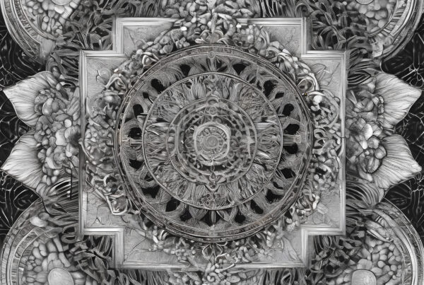 Intricate black and white mandala art featuring flowers, circles, symmetry, and detailed textures perfect for meditation and decorationpatterns and textures.