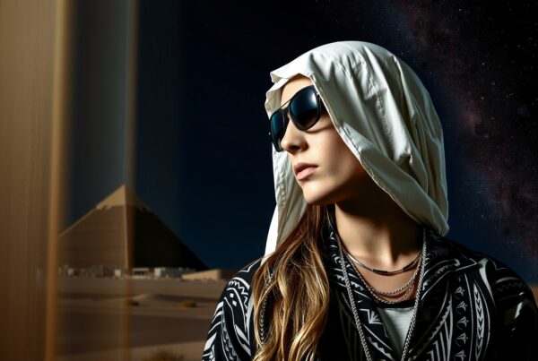 A person with a headscarf and sunglasses stands before a pyramid under a starry night sky.