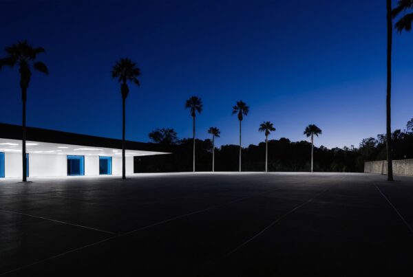 A modern building with palm trees and twilight sky.