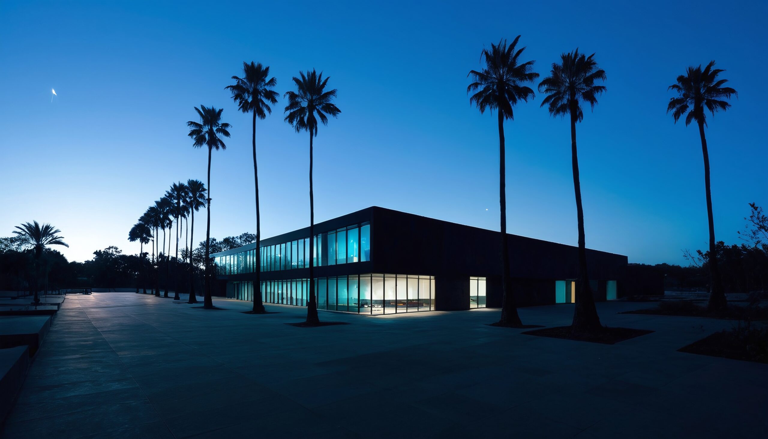 Twilight Palm-Lined Modern Building
