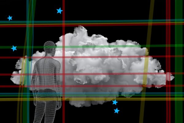 Abstract wireframe figure faces clouds with colorful, plaid lines and stars on black background.