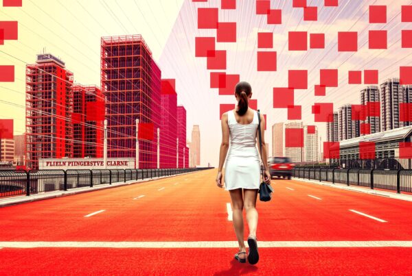 A woman in a vibrant red cityscape walks confidently down the street, surrounded by futuristic skyscrapers and geometric patterns.