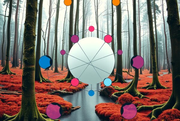 A misty forest with geometric digital overlay combines serene nature with abstract art.