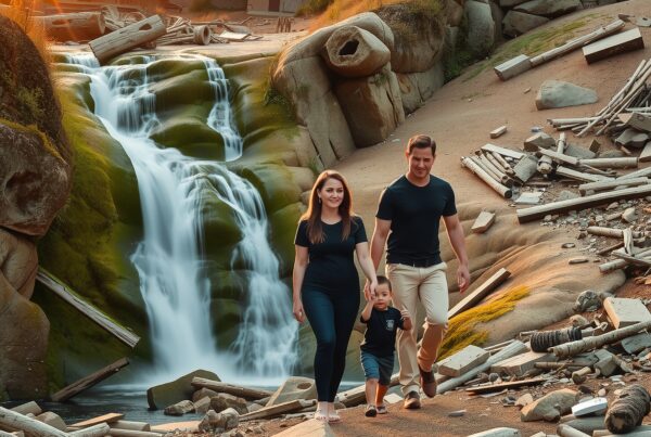 A family enjoys a walk by a beautiful waterfall at sunset with natural and rustic scenery.
