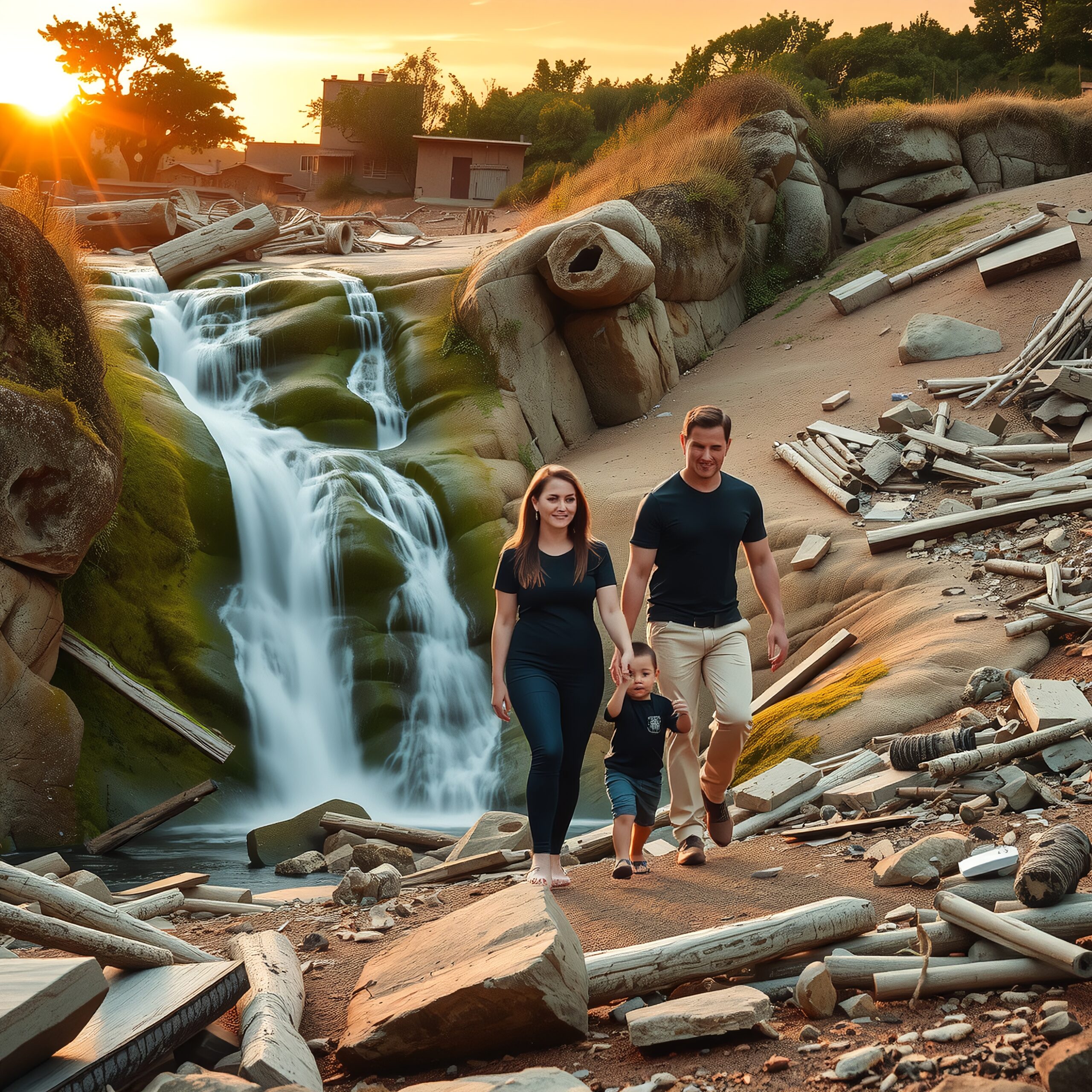 Family Adventure by Waterfall Sunset