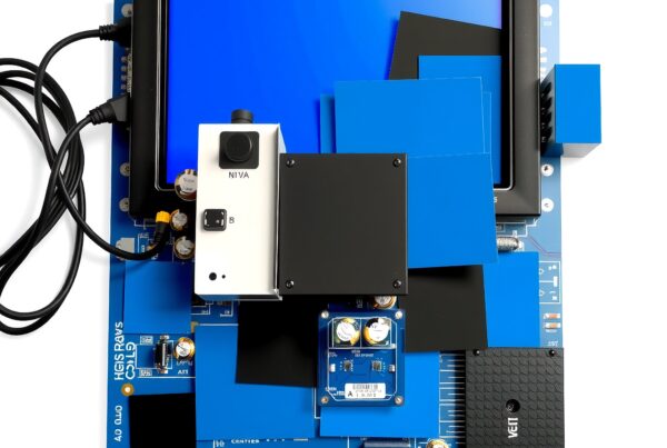 A complex circuit board features a screen, cables, and various electronic components.