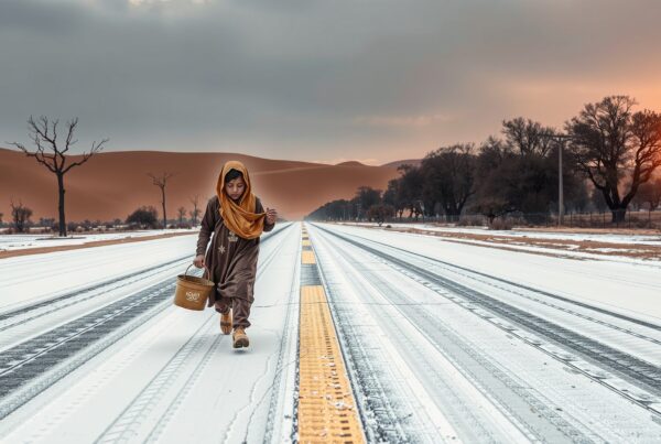 A person walks alone on a snowy road at sunrise.