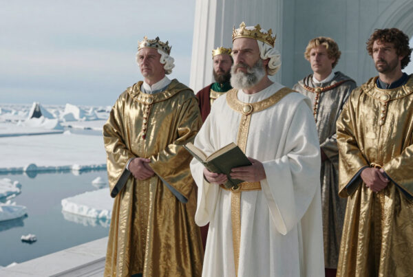 ings gather atop snowy ledge holding ancient tome during ceremonial event amidst polar wilderness
