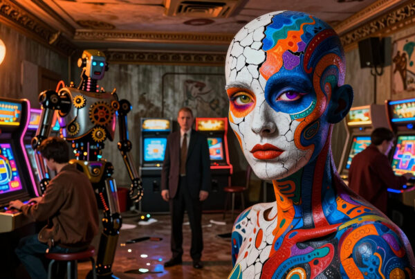 Cyberpunk woman with colorful fractured face in retro-future arcade setting