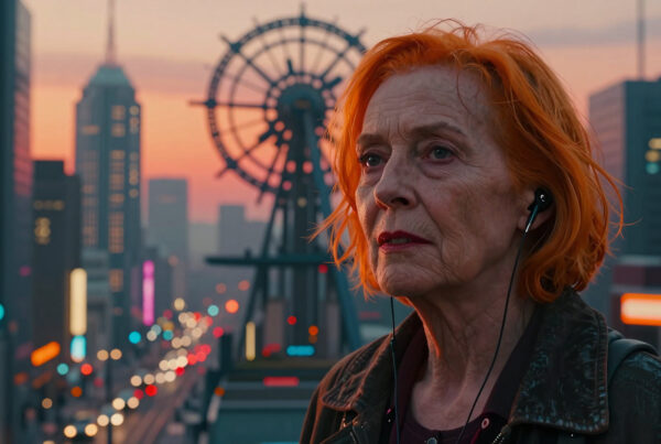 Elderly woman listening to audio while standing alone on rooftop overlooking colorful futuristic city at golden hour