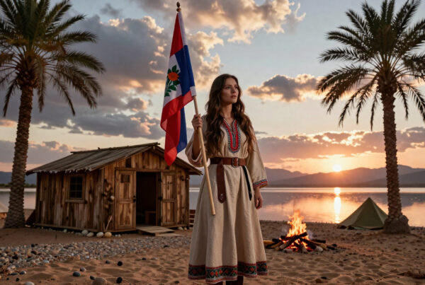 Woman holding Haitian flag at seaside campsite during beautiful sunset with palm trees and bonfire