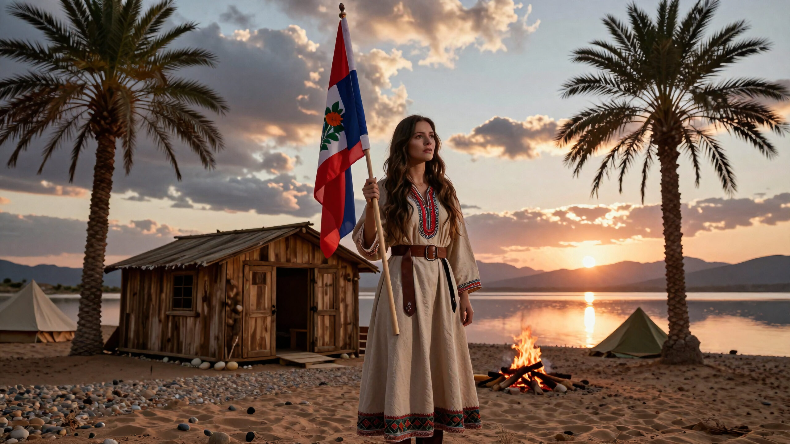 Sunset Flagbearer By Beach