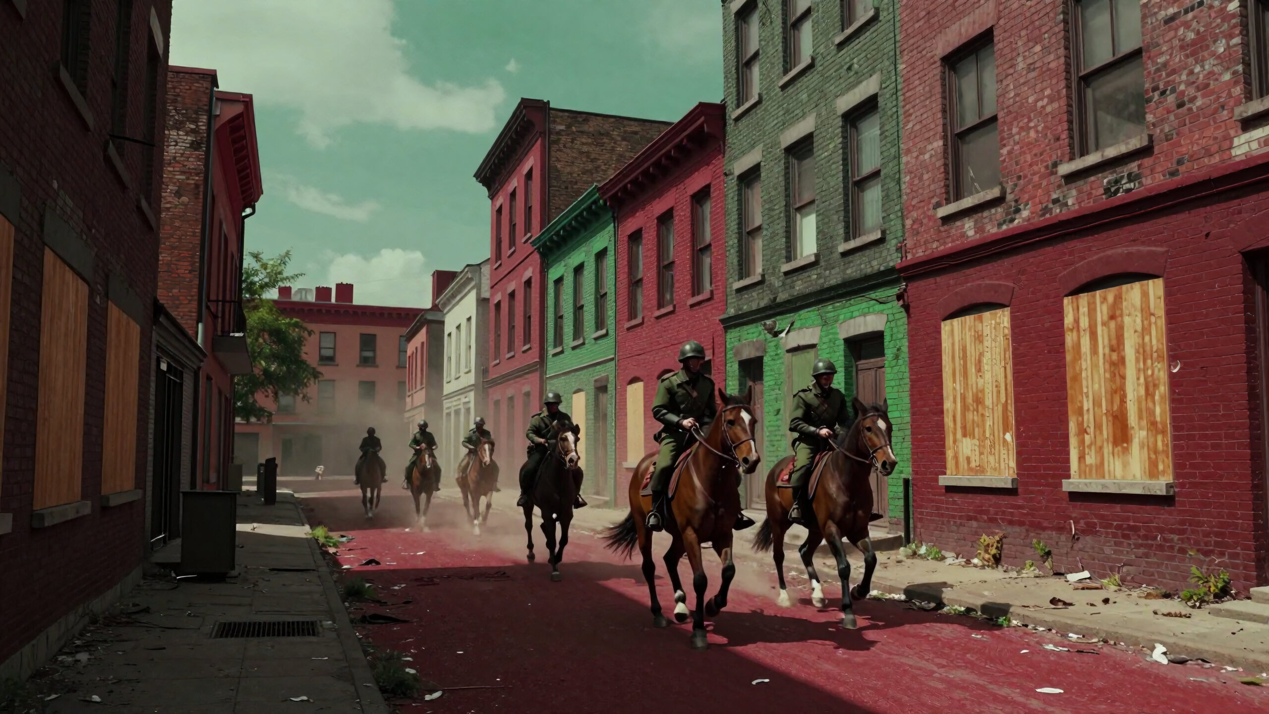 Horsemen Ride Through Ruined City