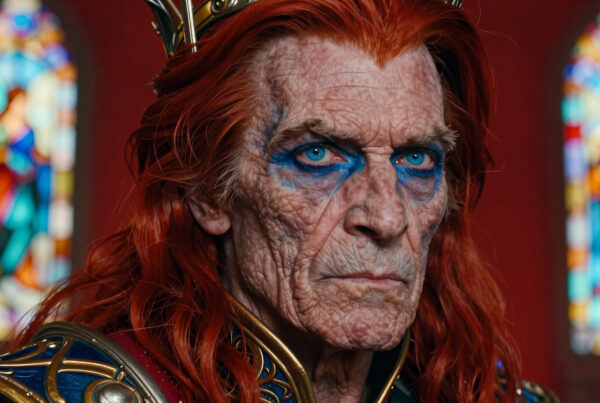 Elderly regal king with blue eyes wearing ornate golden armor standing before stained glass windows