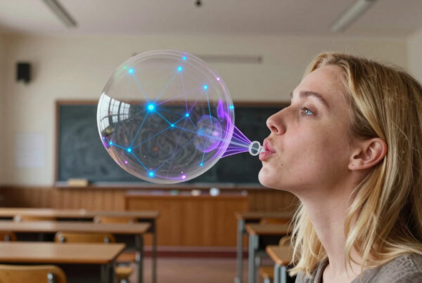 Girl blowing glowing futuristic bubble in empty classroom