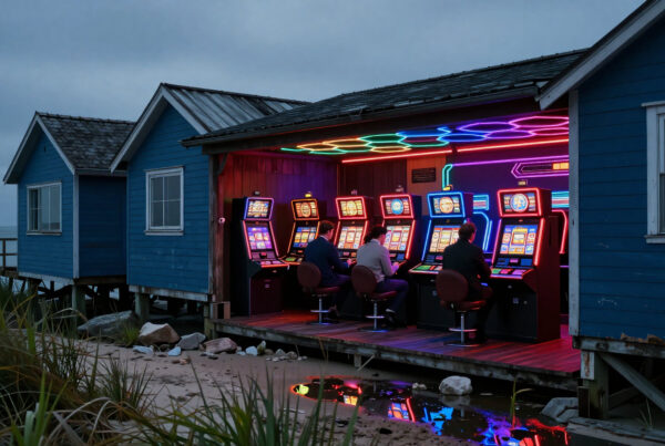 People playing neon slot machines at seaside cabin during twilight