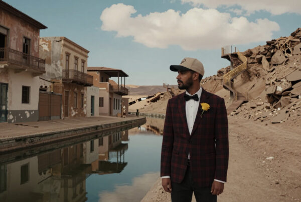 Man in elegant suit standing near ruined canal reflecting old buildings under cloudy sky