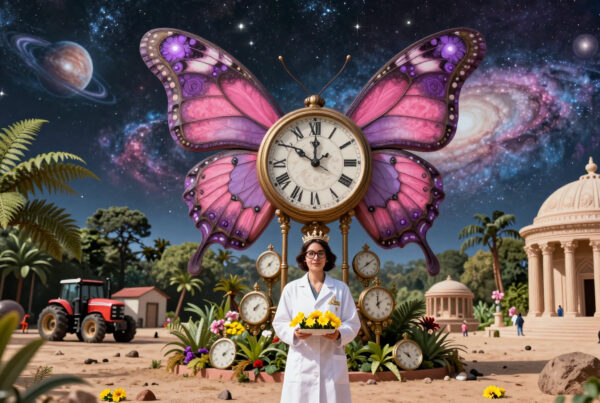 Woman scientist holds flowers under giant butterfly-clock amid cosmos, temples, and tractor in surreal garden scene