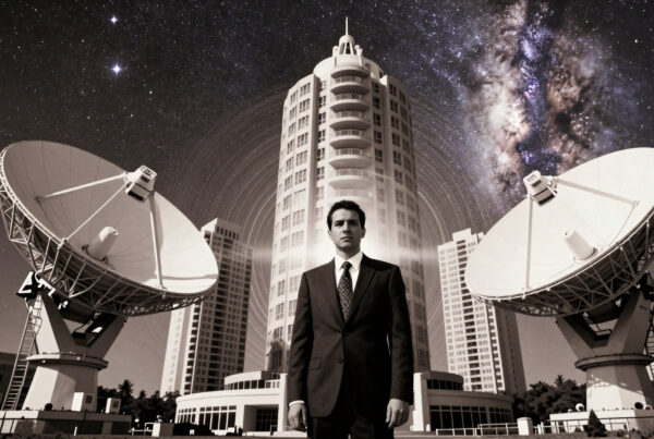 A man in a formal suit stands resolutely between two massive satellite dishes.