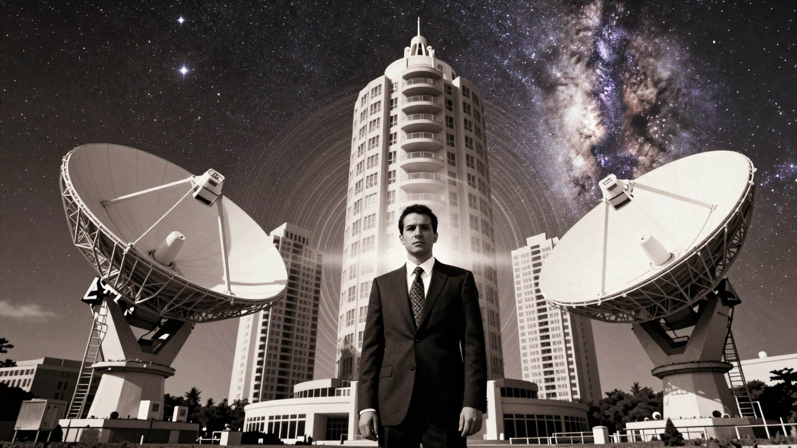 Man Between Cosmic Dishes